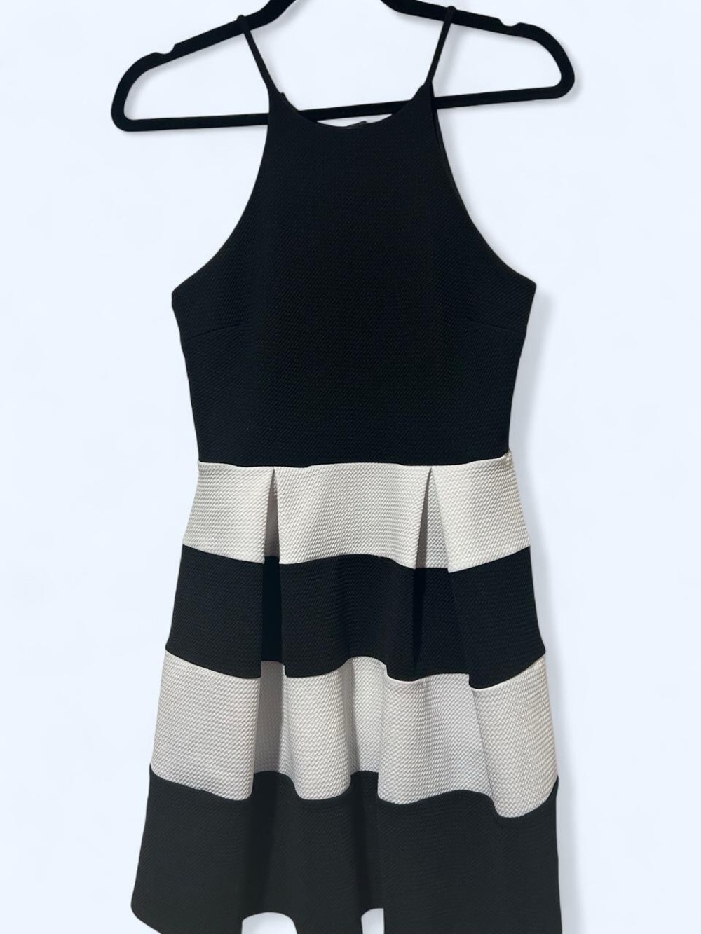 Black White Mod Striped Halter Skater Dress Medium Retro Style